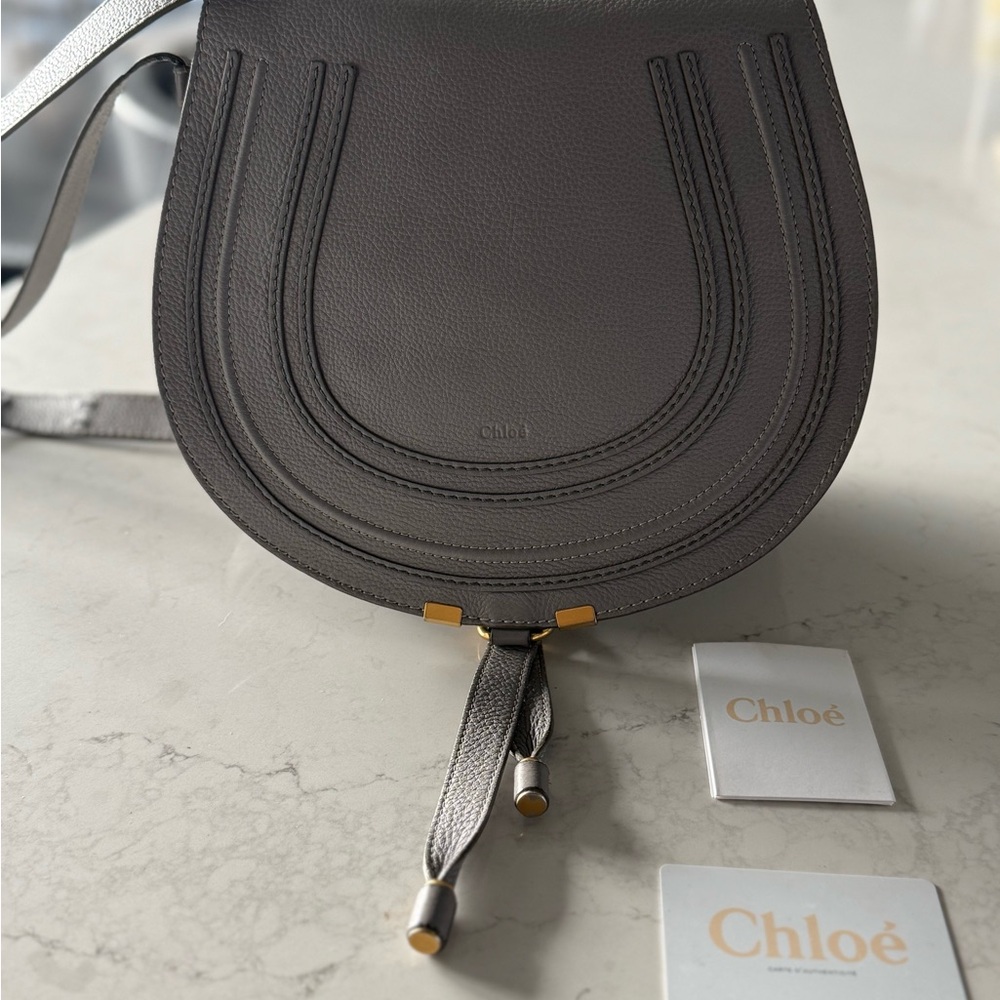 Chloe Authentic Marcie Medium Gray Leather Saddle Bag